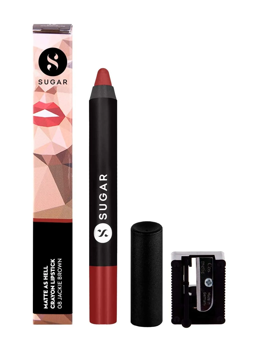 SUGAR Cosmetics Matte As Hell Crayon Lipstick With Free Sharpner, Long Lasting Matte Lip Crayon - 08 Jackie Brown (Reddish Brown), 2.8 g