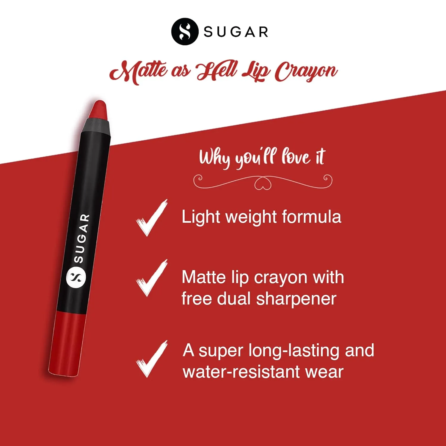 SUGAR Matte as Hell Crayon Lipsticks for Women | Lasts Upto 12hrs | Lip Crayon with Sharpener | 2.8gm - 01 Scarlett O'Hara