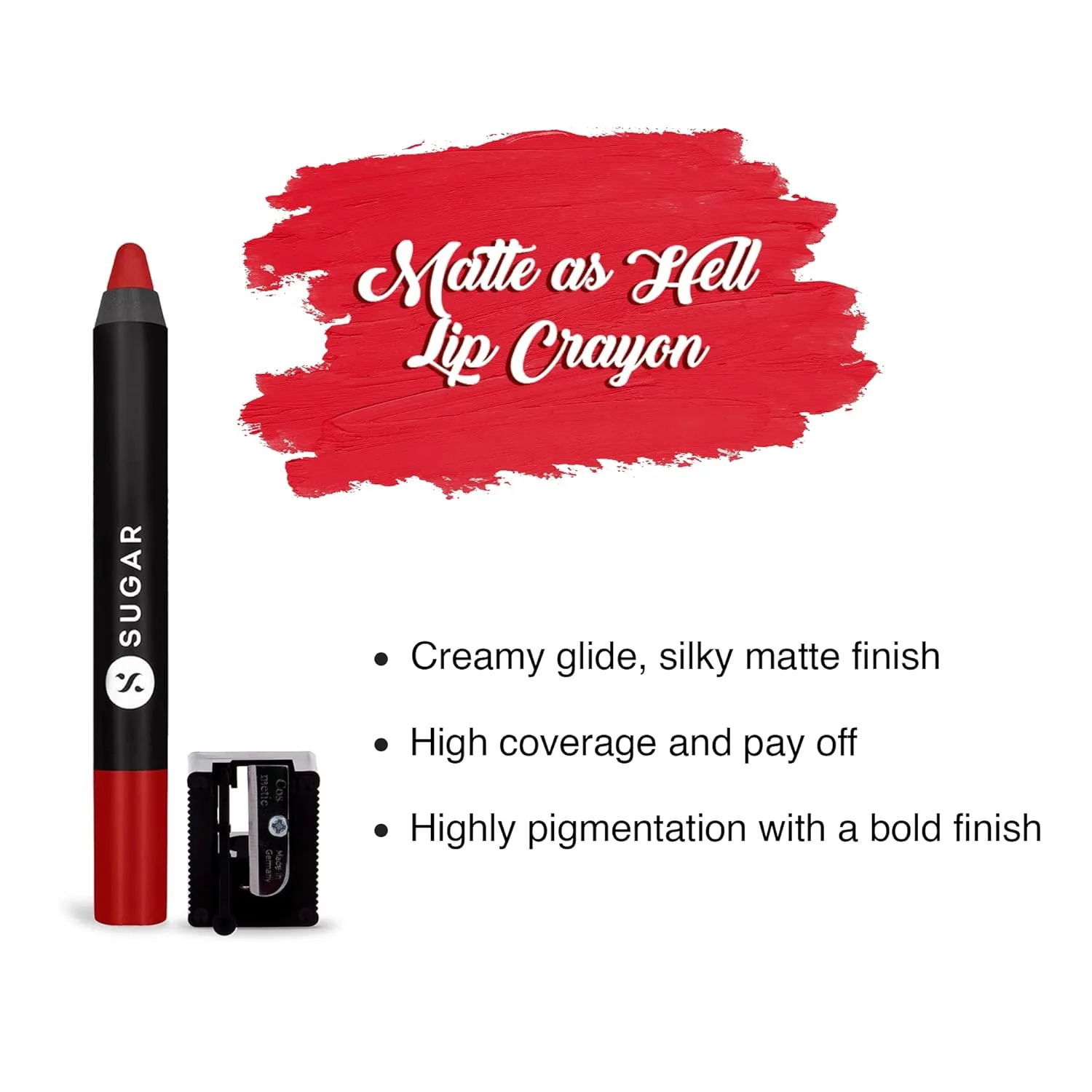 SUGAR Matte as Hell Crayon Lipsticks for Women | Lasts Upto 12hrs | Lip Crayon with Sharpener | 2.8gm - 01 Scarlett O'Hara