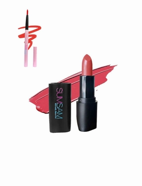 Suumsame Lip Care Duo: Organic Vegan Crème Matte Lipstick (3.8g) & Auto-Sharpening Lip Liner (0.25g) - Water-Resistant, Long-Lasting Orange Red   Peach Red for Sculpted, Voluminous Lips