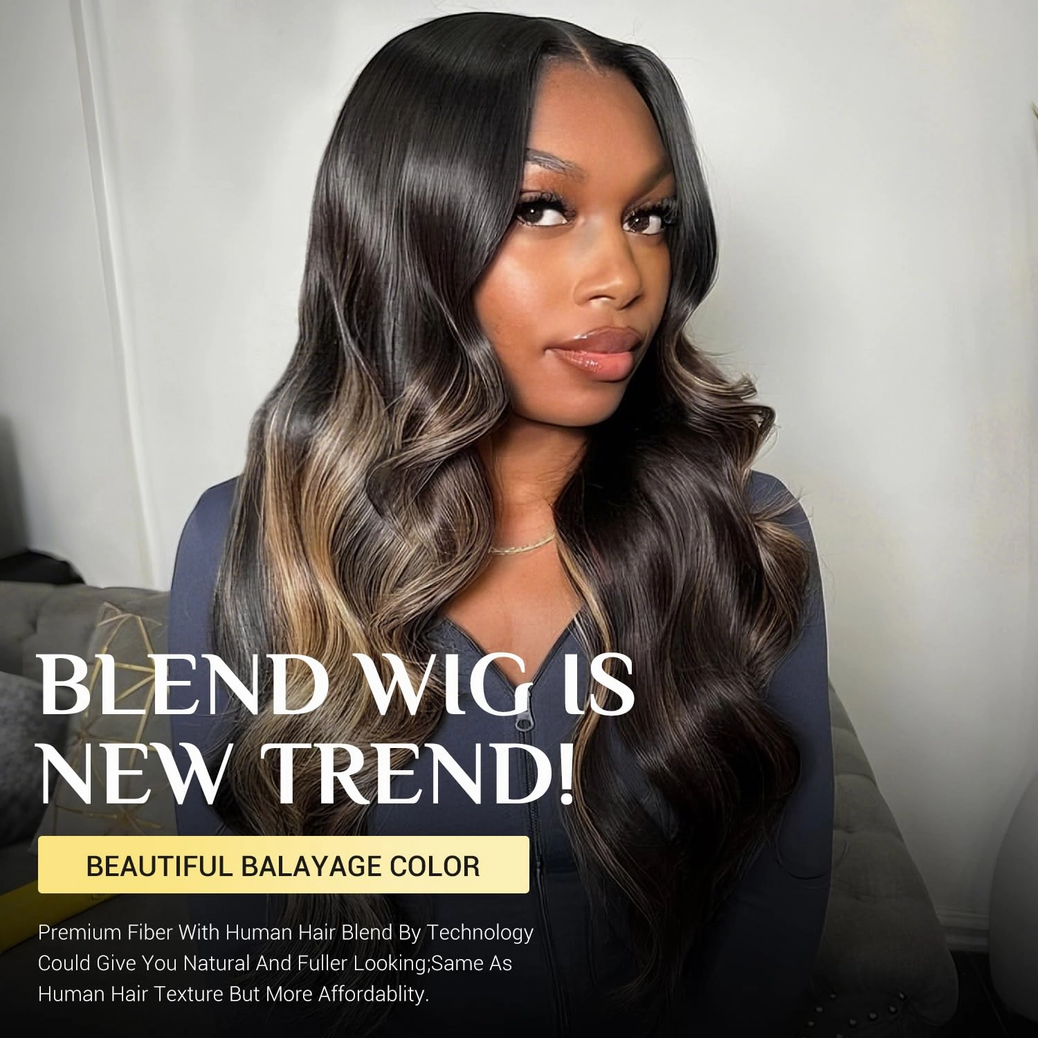 TESLAL Balayage Wear and Go Glueless Wig Pre Cut HD Lace 6X6 Lace Wig 20 Inch 260% Density 1B/27 Highlight Body Wave Human Hair Blend Premium Fiber Wigs By Crafted Technology