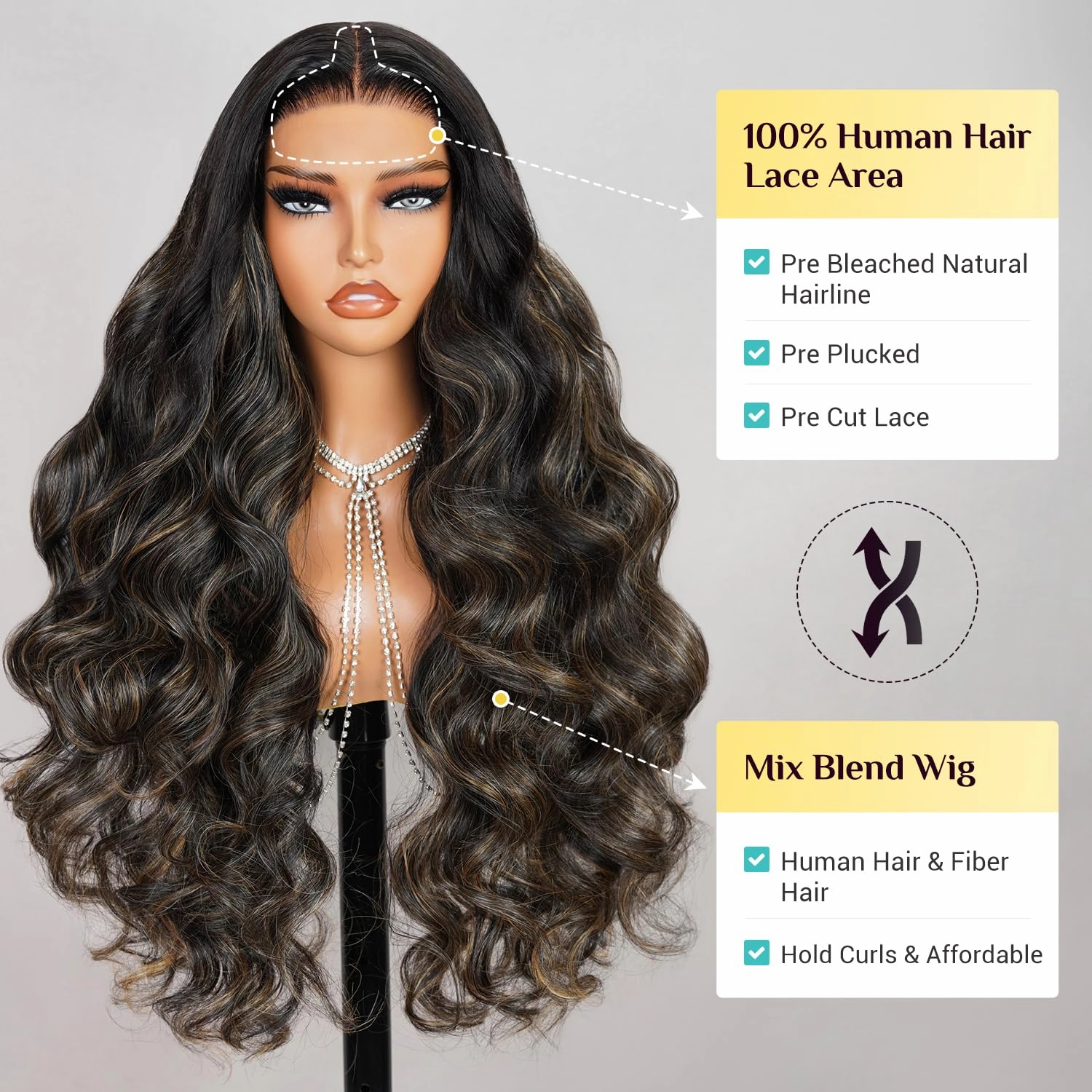 TESLAL Balayage Wear and Go Glueless Wig Pre Cut HD Lace 6X6 Lace Wig 20 Inch 260% Density 1B/27 Highlight Body Wave Human Hair Blend Premium Fiber Wigs By Crafted Technology