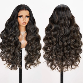 TESLAL Balayage Wear and Go Glueless Wig Pre Cut HD Lace 6X6 Lace Wig 20 Inch 260% Density 1B/27 Highlight Body Wave Human Hair Blend Premium Fiber Wigs By Crafted Technology