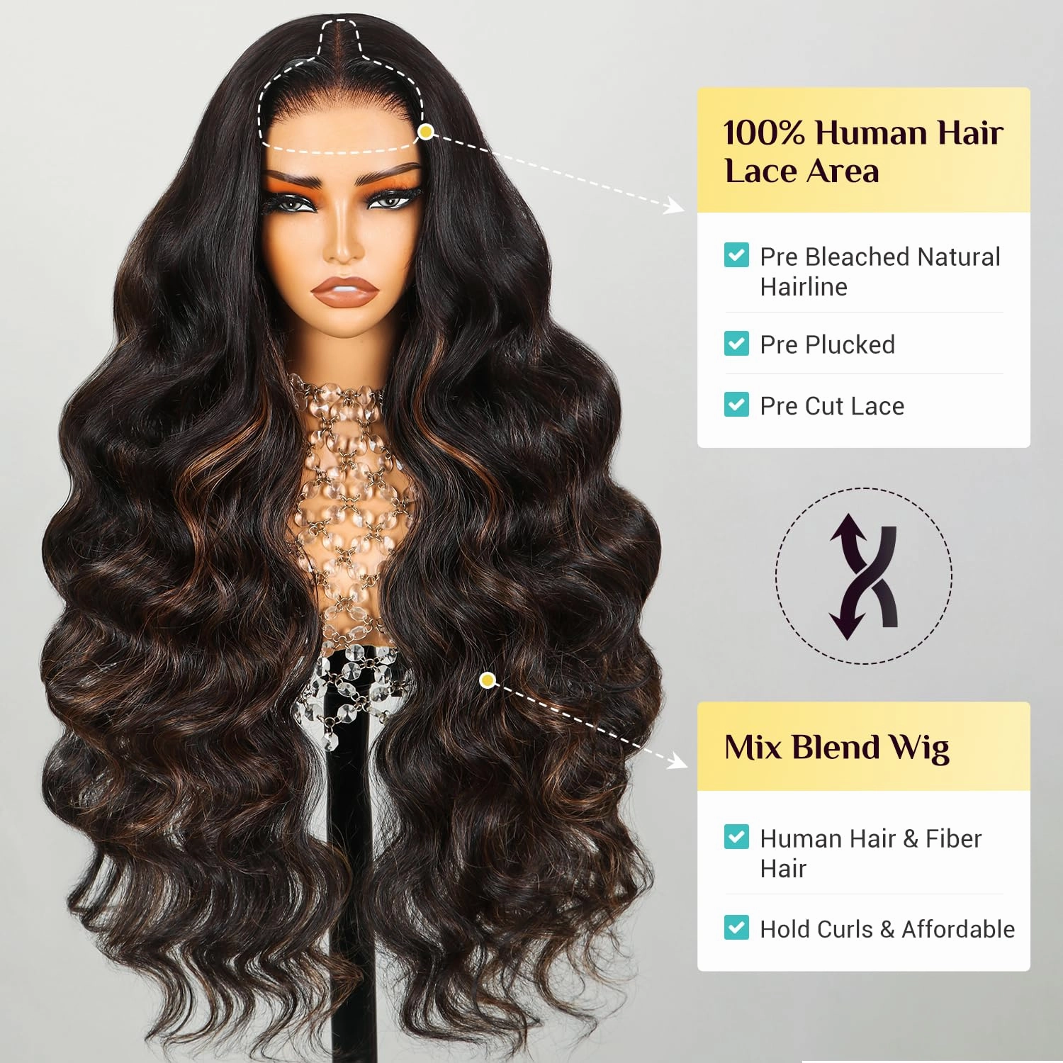 TESLAL P1B/30 Highlight Wear and Go Glueless Pre Cut Lace Body Wave 6X6 HD Lace Wig Premium Fiber Hair and Human Hair Blend Wig By Crafted Technology 260% Density 28 Inch
