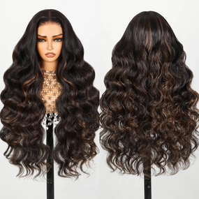 TESLAL P1B/30 Highlight Wear and Go Glueless Pre Cut Lace Body Wave 6X6 HD Lace Wig Premium Fiber Hair and Human Hair Blend Wig By Crafted Technology 260% Density 28 Inch