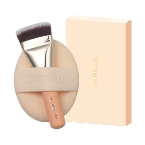 THE TOOL LAB All Day Cover Duo - Premium Base Makeup Set for Liquid Cream Powder Foundation, Buffing Blending Face Brush, Sponge, Portable Case - 1.1" Flat Top Brush