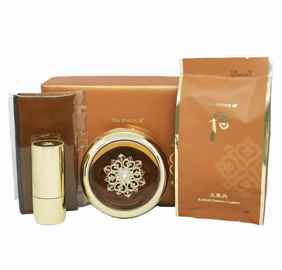 THE WHOO Radiant Essence Cushion Special Set (Main 15g   Refill 15g   Brush   Pouch) No.21 Light Beige, UV Protection SPF 50 /    Intensively Hydrating for Moisturizing & Soothing skin. Made in Korea