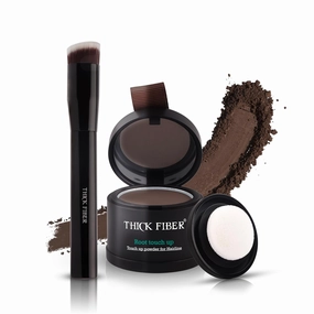 Thick Fiber Root Touch Up Powder, Medium Brown - Water & Sweat Resistant Hair Loss Concealer Set with Brush for Thin Hairlines and Gray Root Coverage
