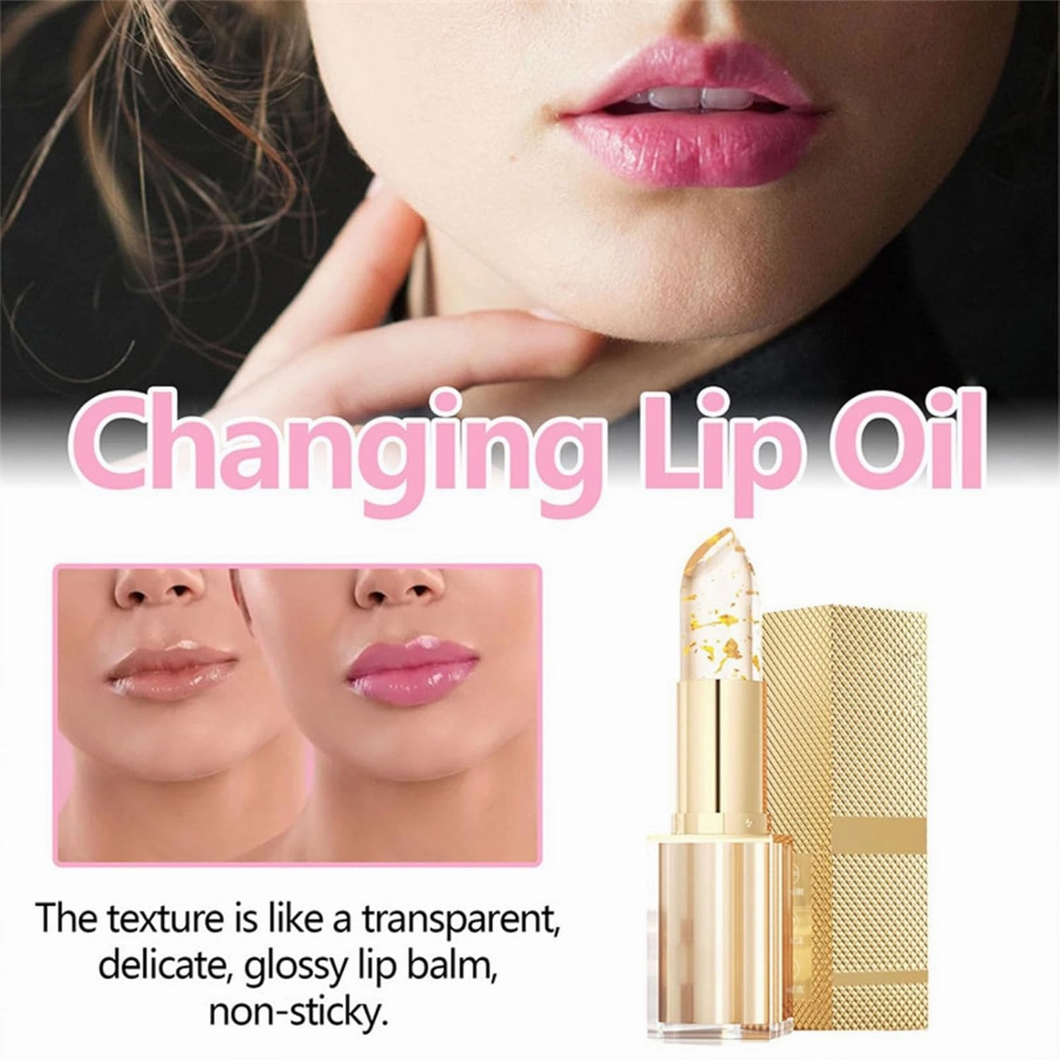Transferproof Color Changing Lipstick, Gold Crystal Color Changing Lipstick, Gold Foil for Women Long 24 Hours, Moisturizing Glossy Shine Lip Gloss (1pcs, A)