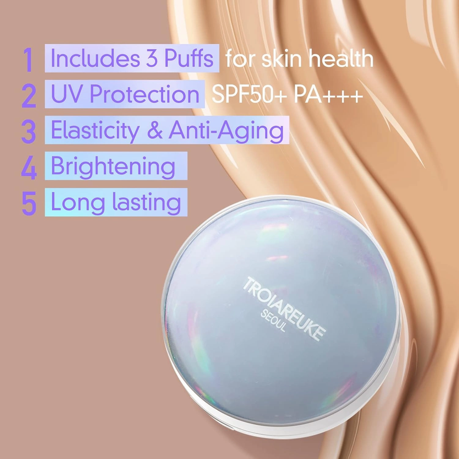 TROIAREUKE Seoul "Bridal" Cushion Foundation(#21, Pink Beige), Korean Cushion Foundation, K-Beauty, Hydrating, Long-lasting, Lightweight, Natural Finish, Anti-Aging, Moisture, Whitening, SPF 50 