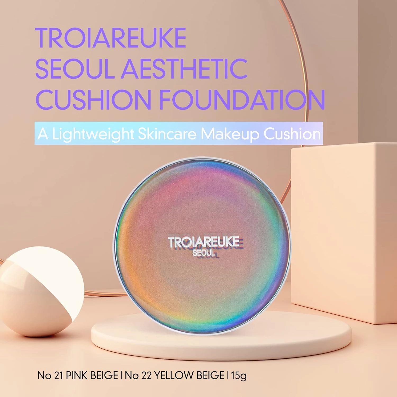 TROIAREUKE Seoul "Bridal" Cushion Foundation(#21, Pink Beige), Korean Cushion Foundation, K-Beauty, Hydrating, Long-lasting, Lightweight, Natural Finish, Anti-Aging, Moisture, Whitening, SPF 50 