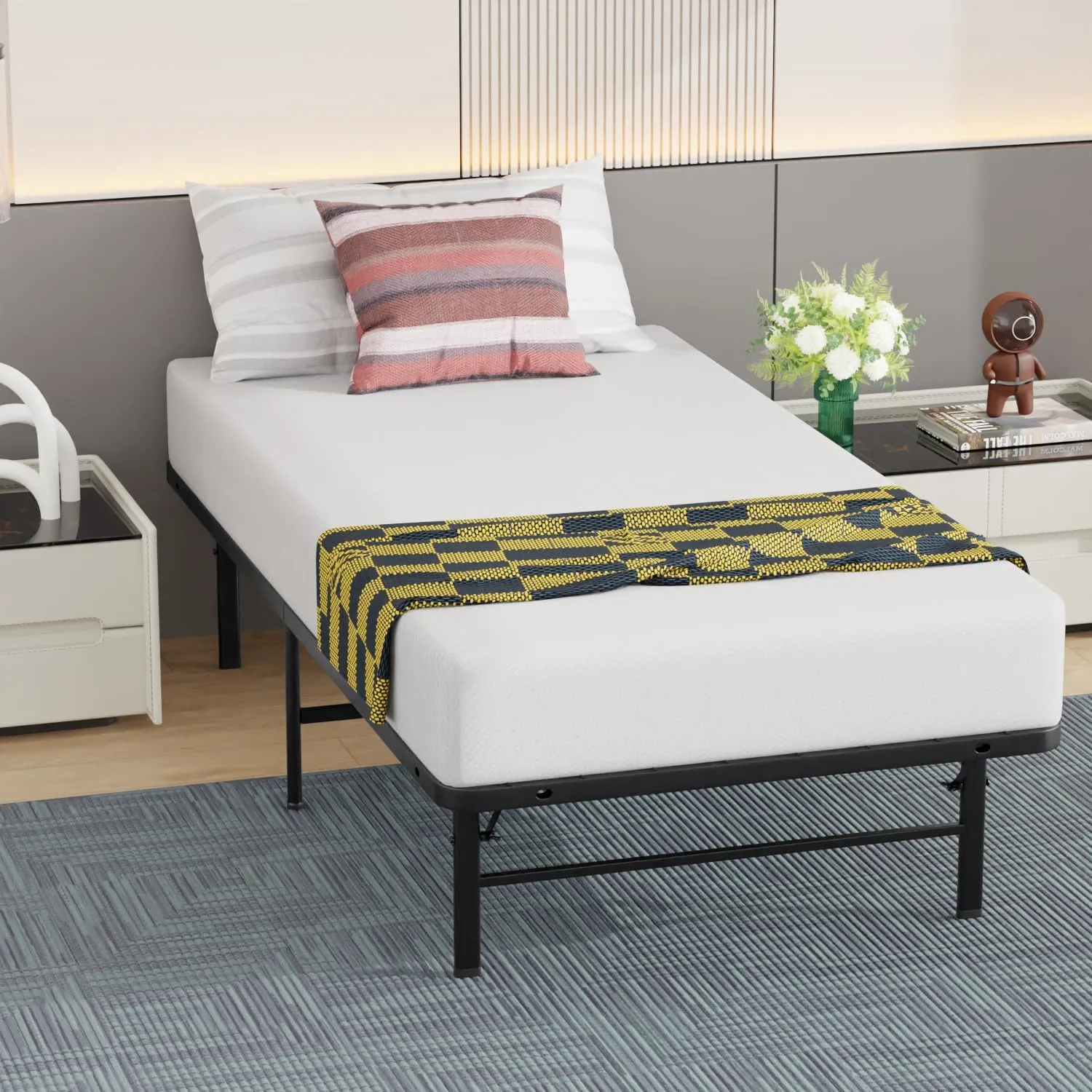 Twin Bed Frame Metal Platform Bed Frame Twin Size 14 Inch Mattress Foundation Box Spring Replacement Heavy Duty Steel Slat Easy Assembly Noise-Free,Black