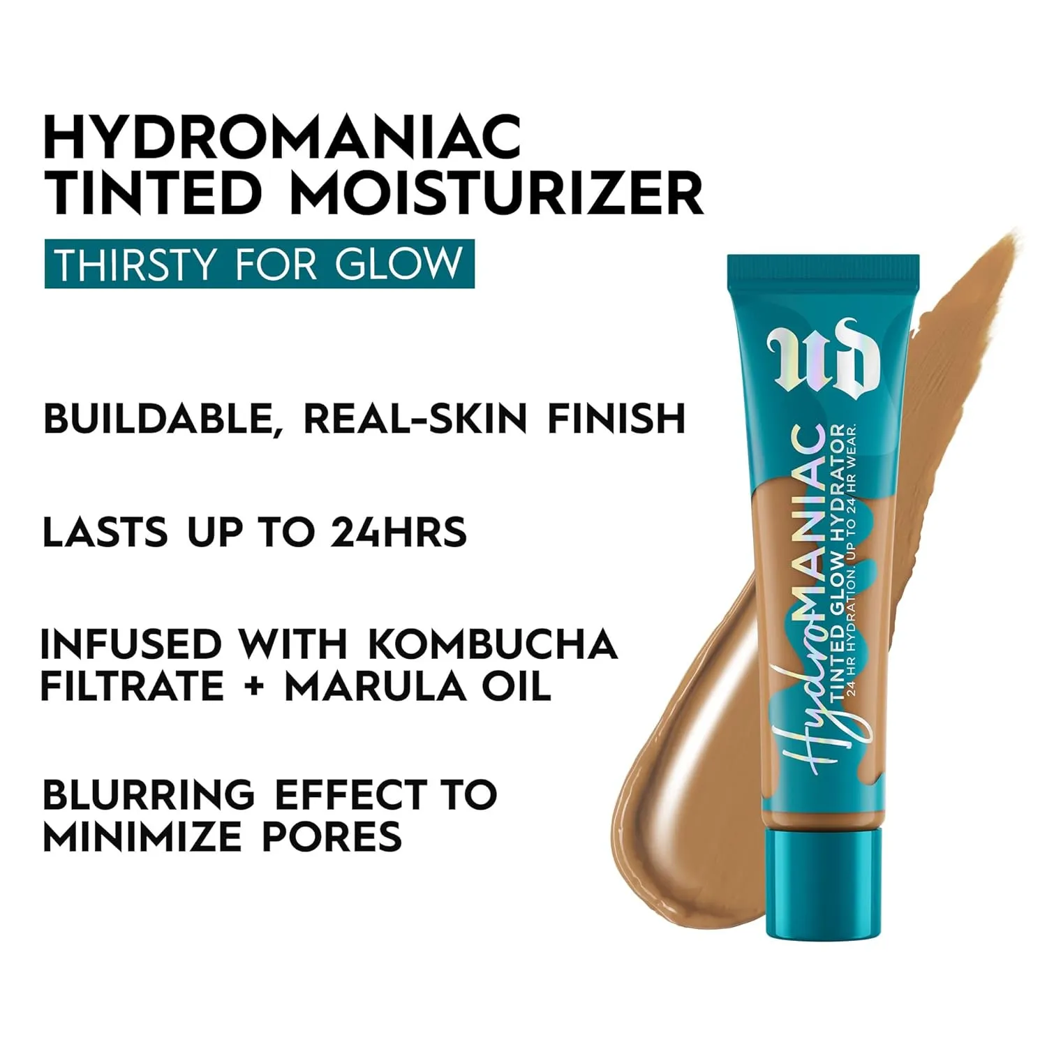 Urban Decay Hydromaniac Dewy Foundation, Hydrating Tinted Moisturizer for Dry Skin, Buildable Medium Coverage, with Kombucha Filtrate & Marula Oil, Non-comedogenic, Vegan, Cruelty-free - 1.1 fl oz