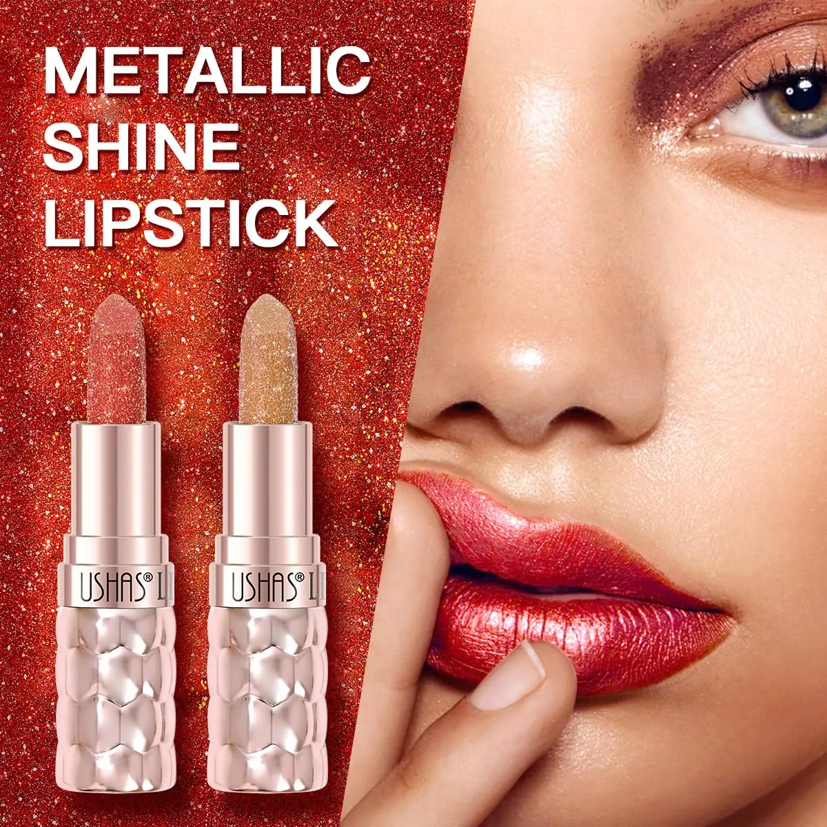 USHAS 6pc Diamond Shimmer Lipstick Set - Dark Red Pink Purple Mauve Glitter Sparkly Glossy Metallic Sparkle Waterproof Lipstick for Women (6 Count (07-12), Pack of 1)