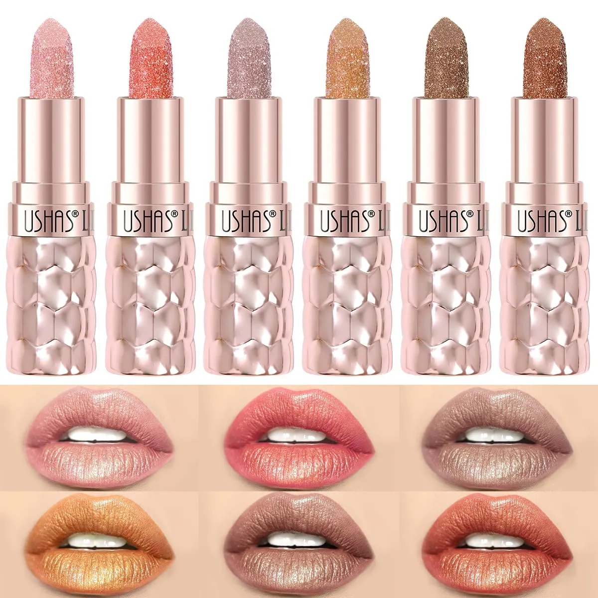 USHAS 6pc Diamond Shimmer Lipstick Set - Dark Red Pink Purple Mauve Glitter Sparkly Glossy Metallic Sparkle Waterproof Lipstick for Women (6 Count (07-12), Pack of 1)