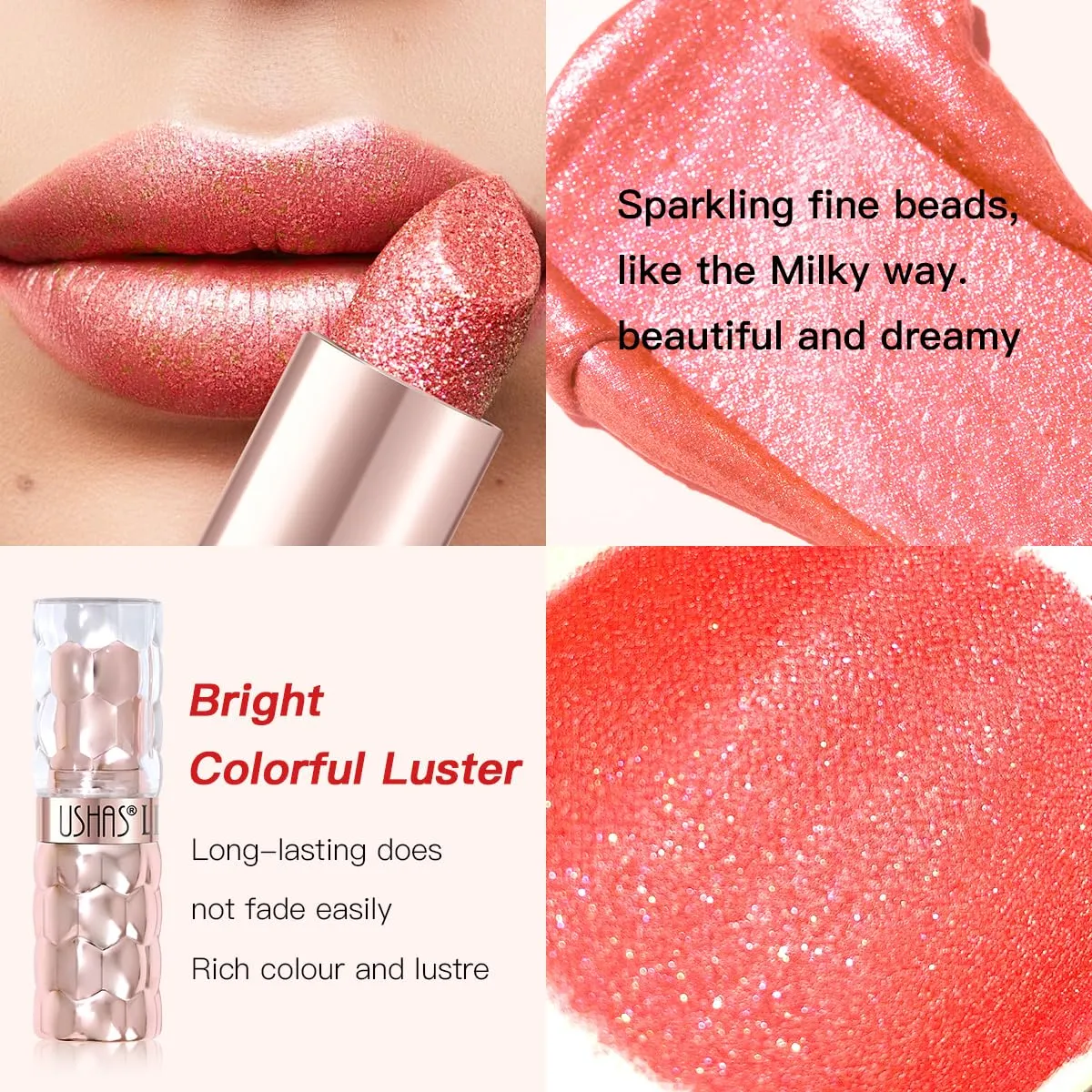 USHAS 6pc Diamond Shimmer Lipstick Set - Dark Red Pink Purple Mauve Glitter Sparkly Glossy Metallic Sparkle Waterproof Lipstick for Women (6 Count (07-12), Pack of 1)