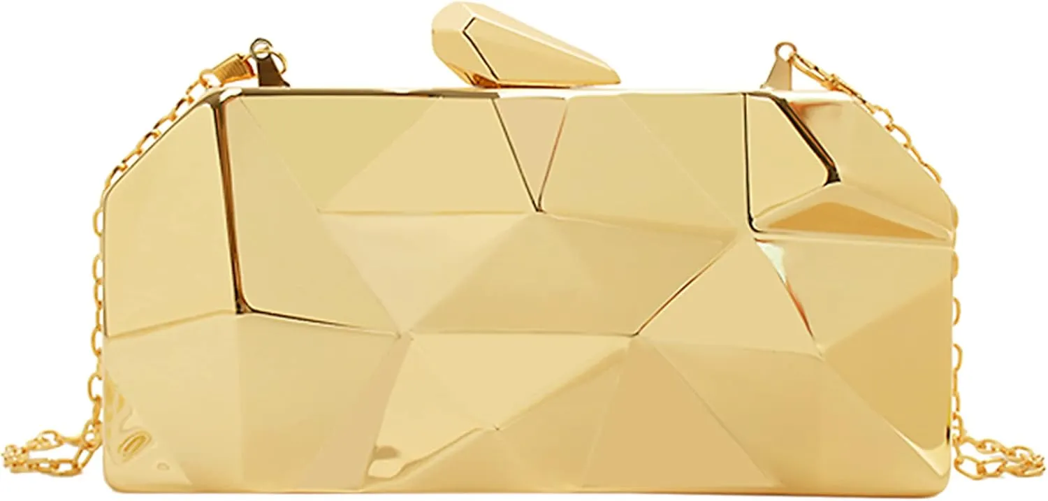 Van Caro Womens Metal Clutch Geometric Evening Handbag Diamond Chain Purse