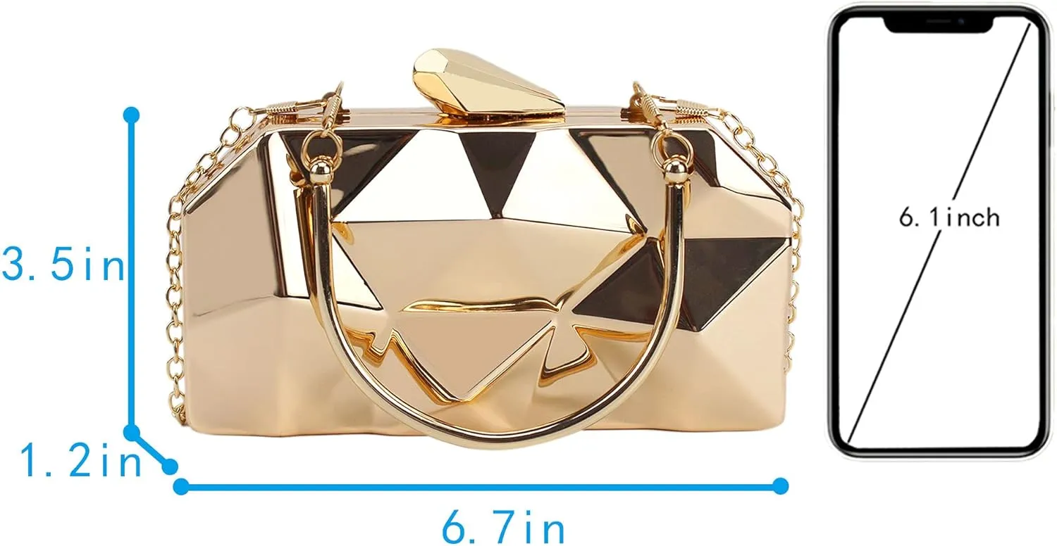 Van Caro Womens Metal Clutch Geometric Evening Handbag Diamond Chain Purse