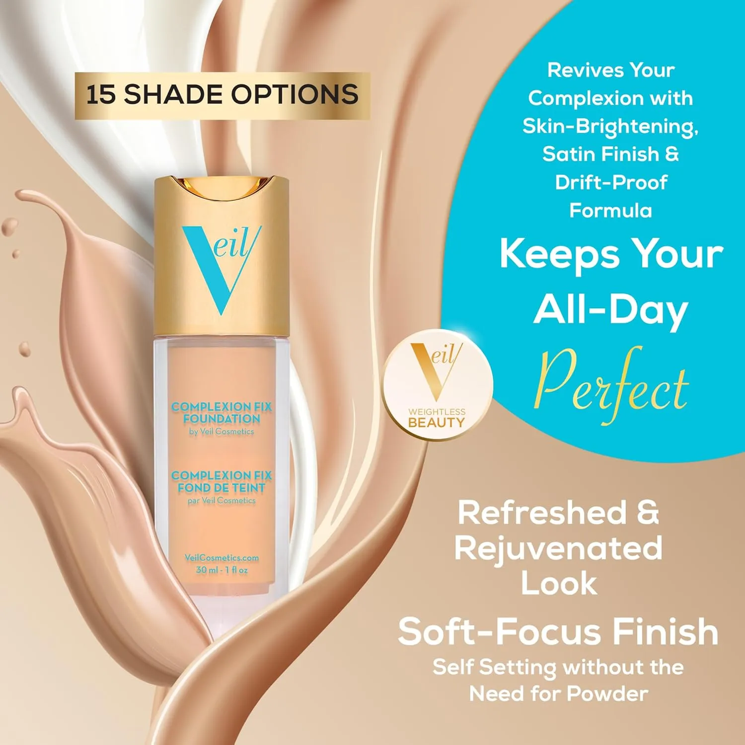 Veil Cosmetics Complexion Fix Liquid Foundation – Hydrating Buildable Coverage – Water-Resistant, Hypoallergenic, Oil-Free, Cruelty-Free & Vegan – Lightweight & Brightening (4N Tan Neural)
