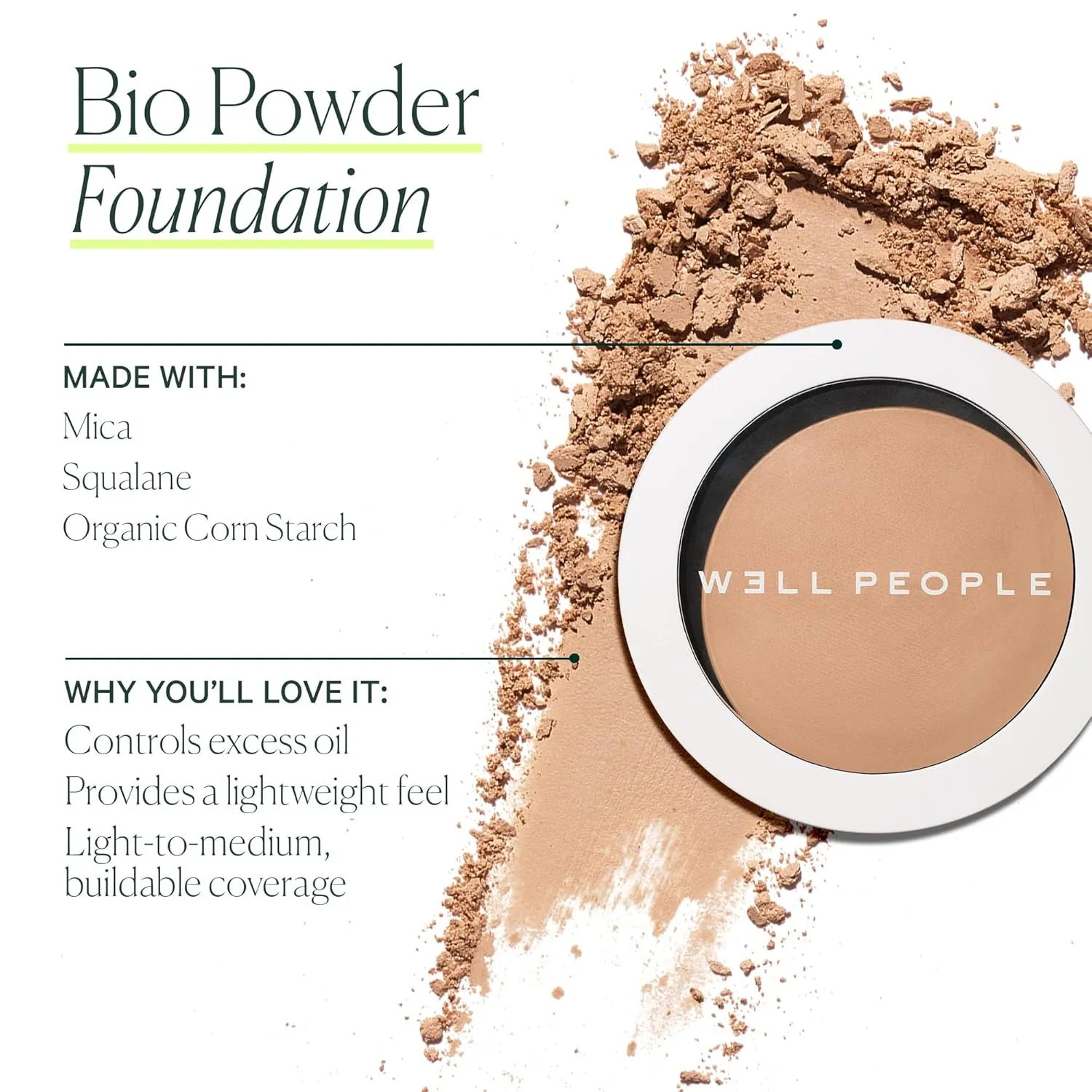Well People Bio Powder Foundation, Lightweight & Hydrating Foundation For Perfecting & Smoothing Skin, Semi-Matte Finish, Vegan & Cruelty-free, 4N
