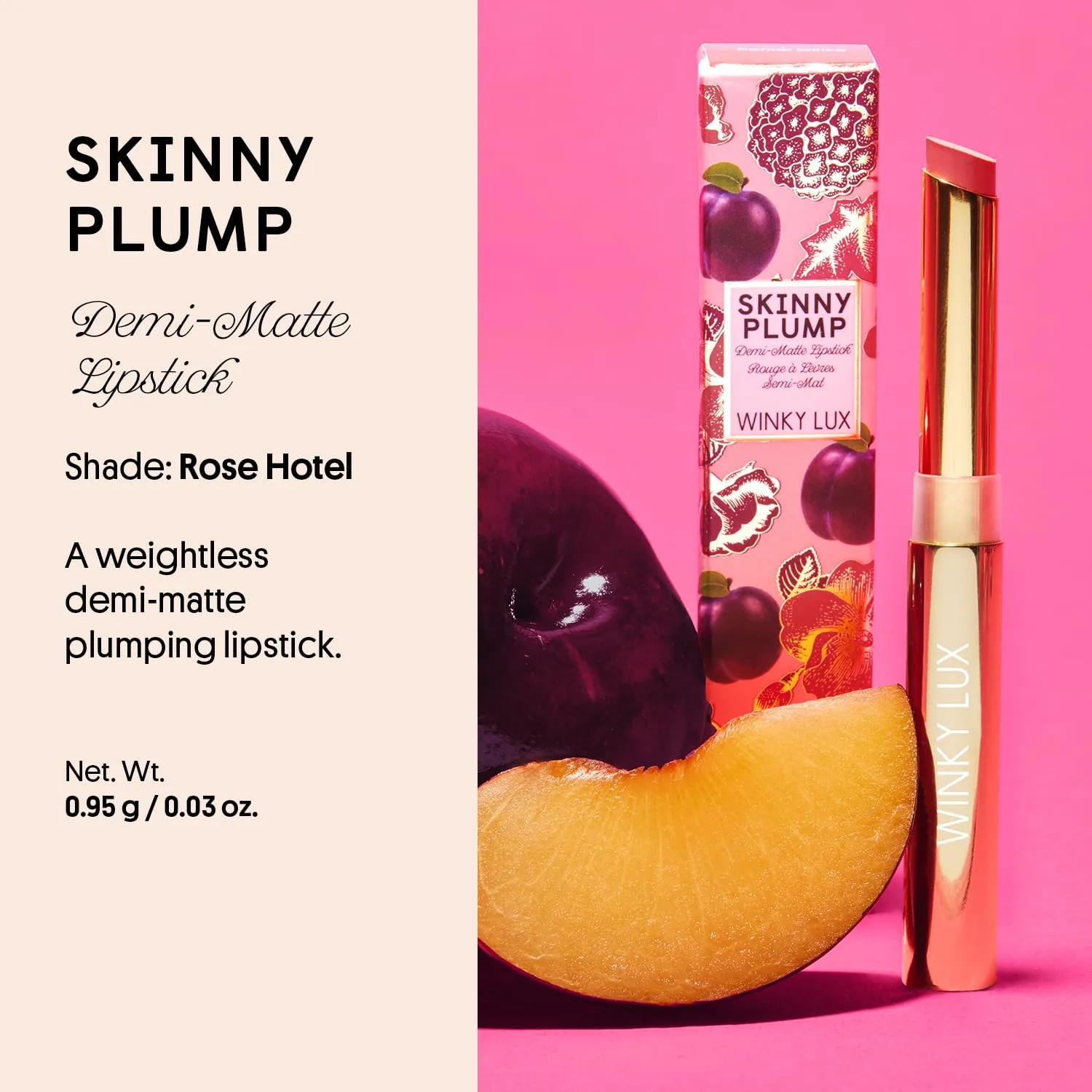 Winky Lux Skinny Plump Demi-Matte Lipstick, Natural Plump Lipstick, Weightless Long Lasting Soft Matte Lip Crayon, Infused with Hyaluronic Acid & Plum Oil, Rose Hotel