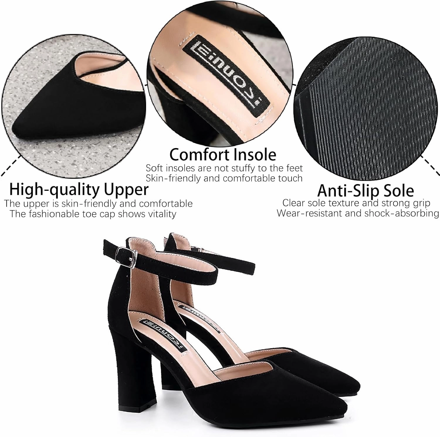 Women's Suede Chunky Heel Pumps with Adjust Ankle Strap Fashion Comfort Closed Pointed Toe High Heels Dress Shoes for Party Prom Wedding D'Orsay Shoes