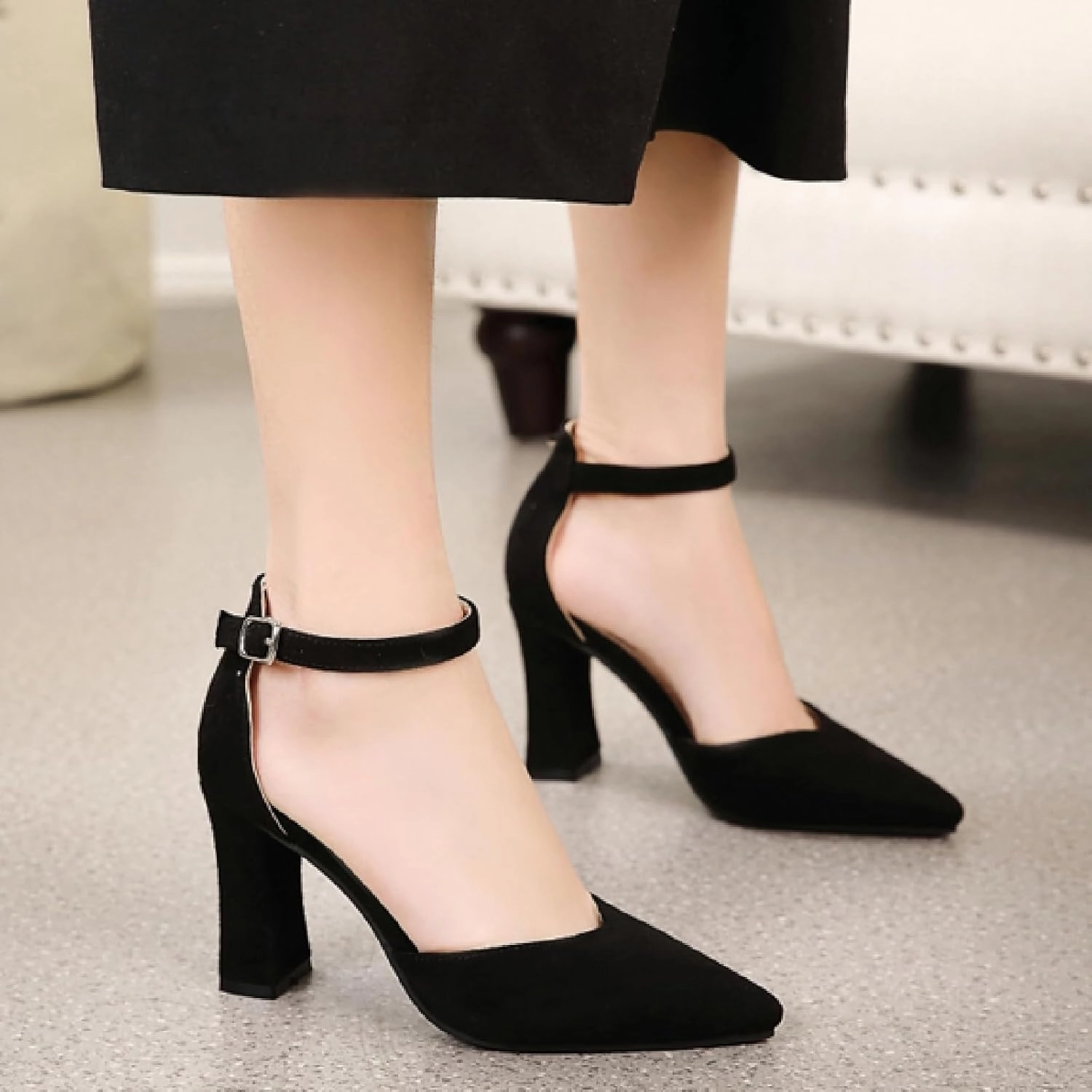 Women's Suede Chunky Heel Pumps with Adjust Ankle Strap Fashion Comfort Closed Pointed Toe High Heels Dress Shoes for Party Prom Wedding D'Orsay Shoes