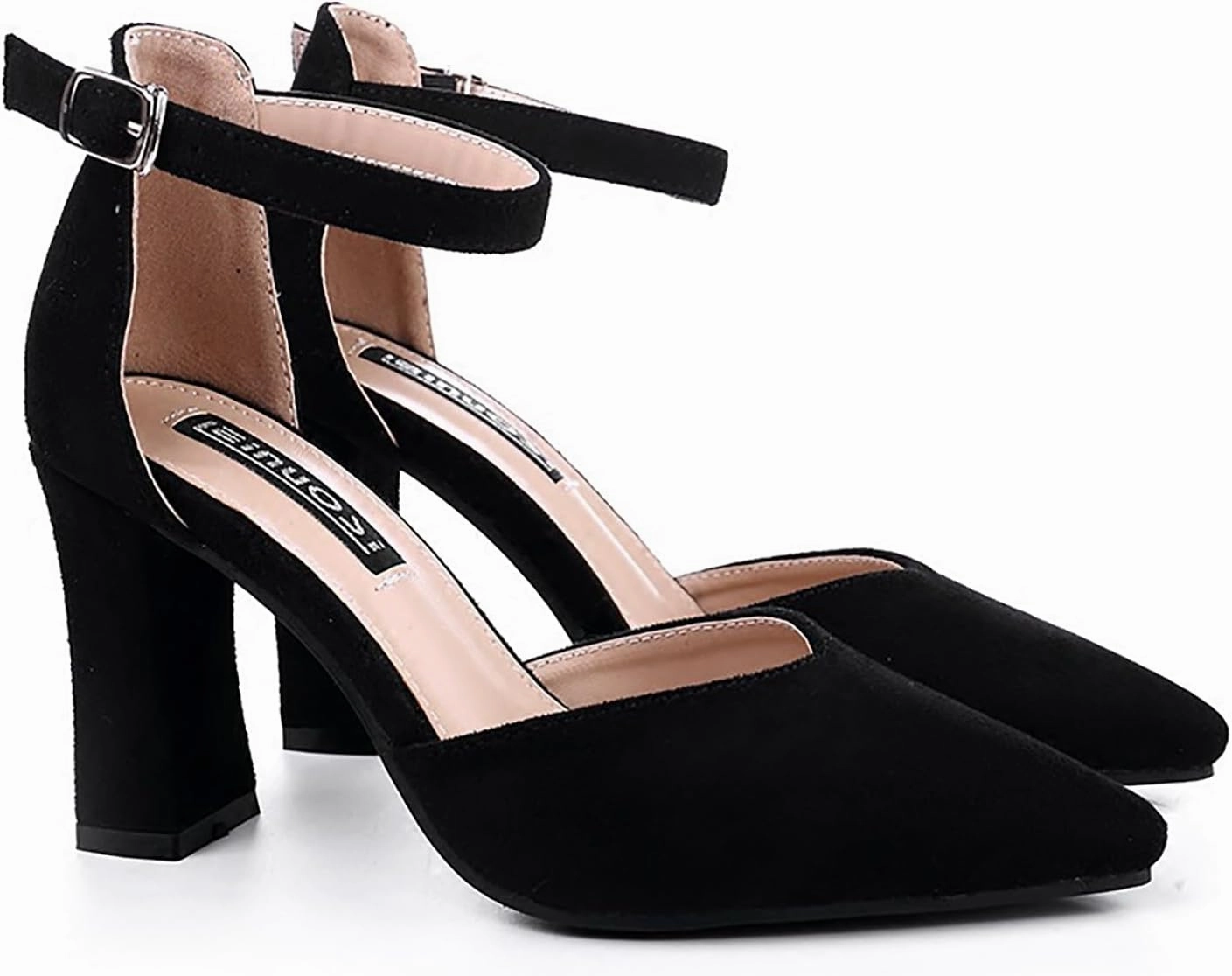 Women's Suede Chunky Heel Pumps with Adjust Ankle Strap Fashion Comfort Closed Pointed Toe High Heels Dress Shoes for Party Prom Wedding D'Orsay Shoes