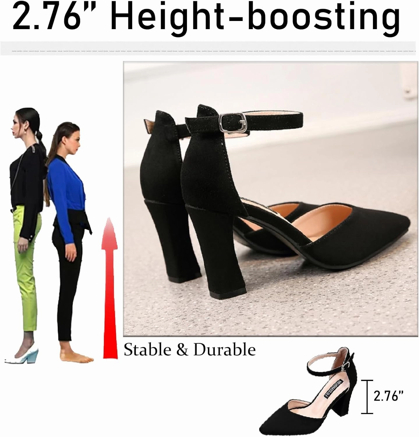 Women's Suede Chunky Heel Pumps with Adjust Ankle Strap Fashion Comfort Closed Pointed Toe High Heels Dress Shoes for Party Prom Wedding D'Orsay Shoes