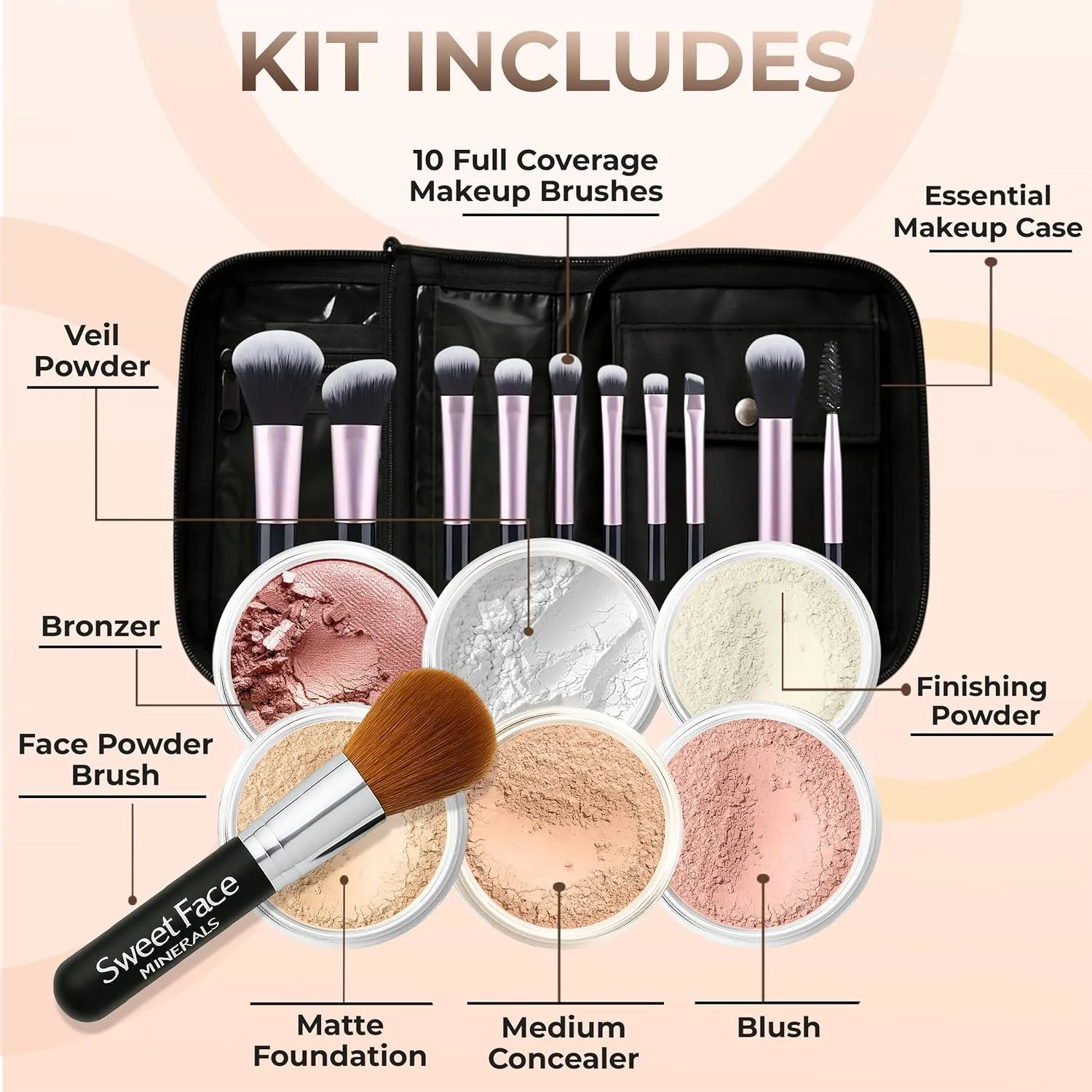 XXL KIT w/Brush & CASE (Warm Neutral Shade-Most Popular) Full Size Mineral Makeup Set Bare Skin Powder Foundation Cover