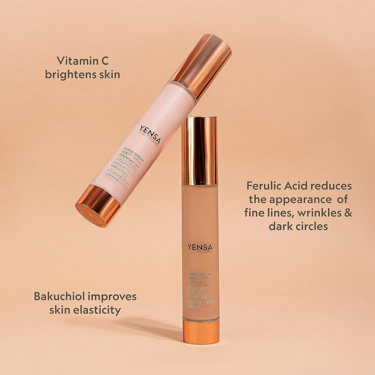 YENSA Serum Foundation Makeup - Super Silk Full Coverage Foundation Enriched with Peptides, Vitamin C & Ferulic Acid to Help Reduce Fine Lines, Wrinkles & Dark Circles - Deep 3 (1 oz)
