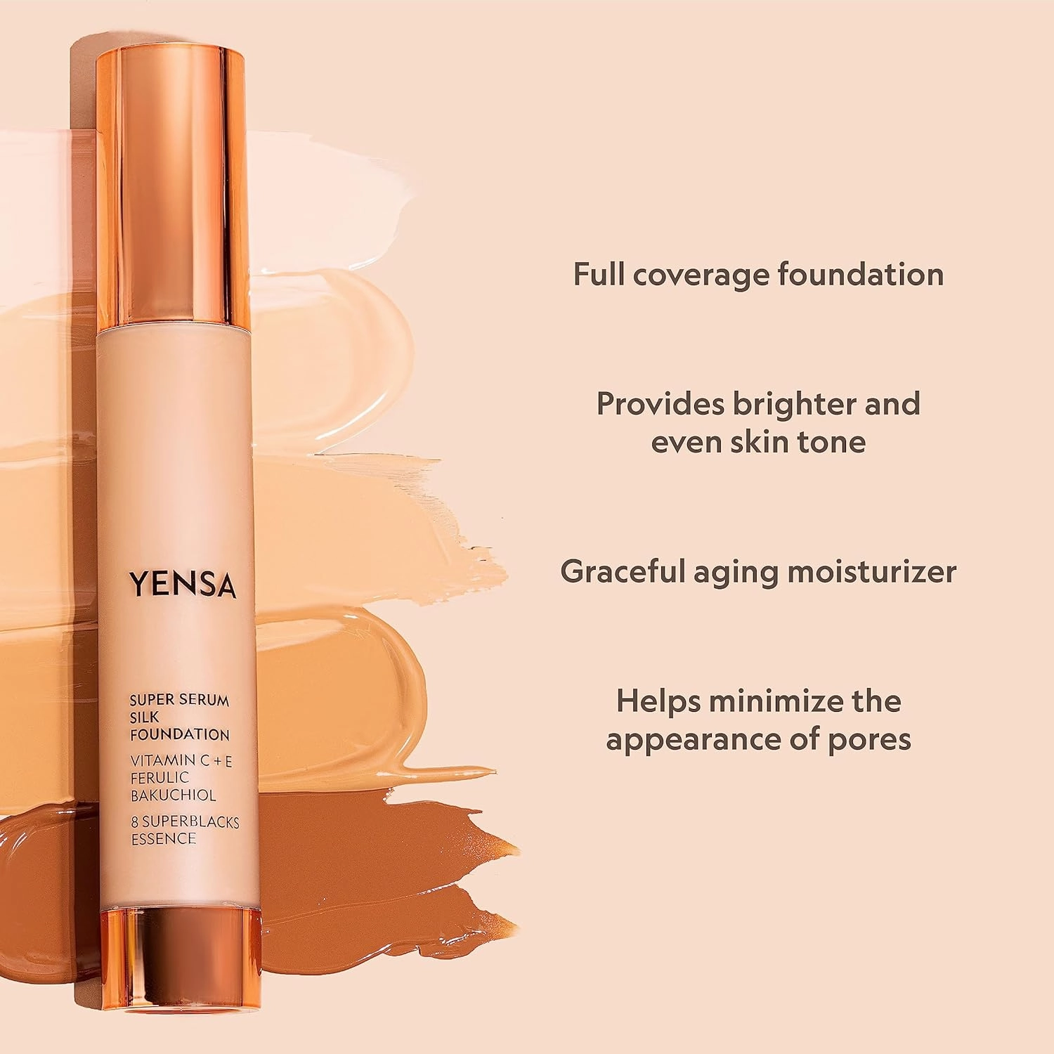 YENSA Serum Foundation Makeup - Super Silk Full Coverage Foundation Enriched with Peptides, Vitamin C & Ferulic Acid to Help Reduce Fine Lines, Wrinkles & Dark Circles - Medium 3 (1 oz)
