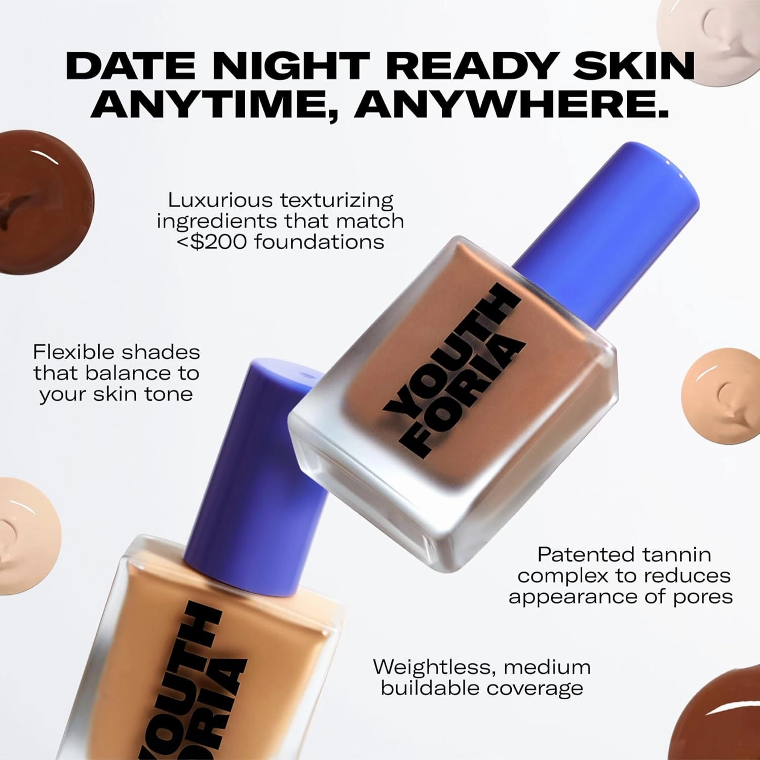 Youthforia Date Night Skin Tint Serum Foundation, Light-Medium Coverage, Hydrating Formula, Vegan & Cruelty-Free, 180 Light - Neutral with Warm Undertones